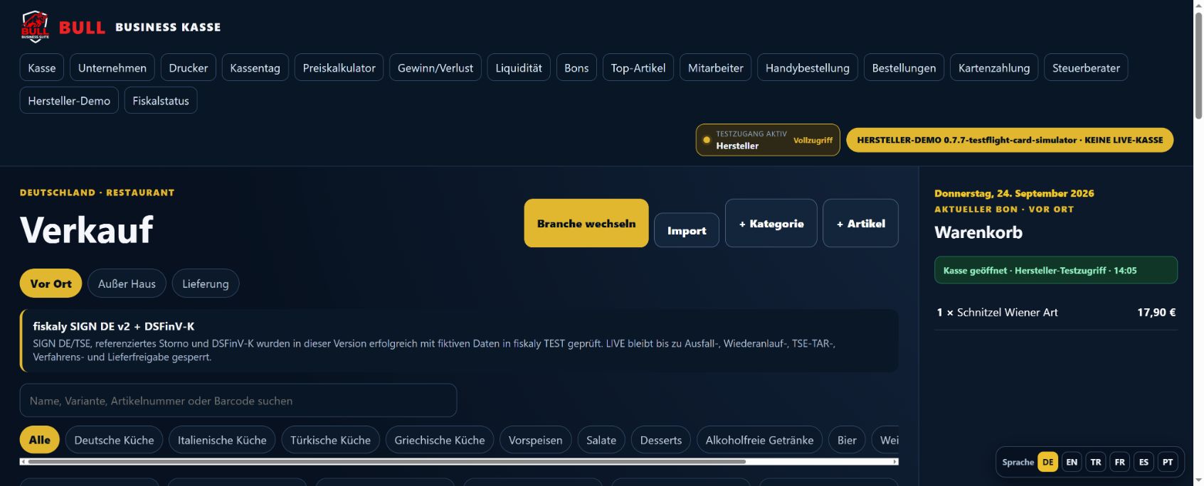 Bull Business Kasse: test modunda ürünler ve sepet