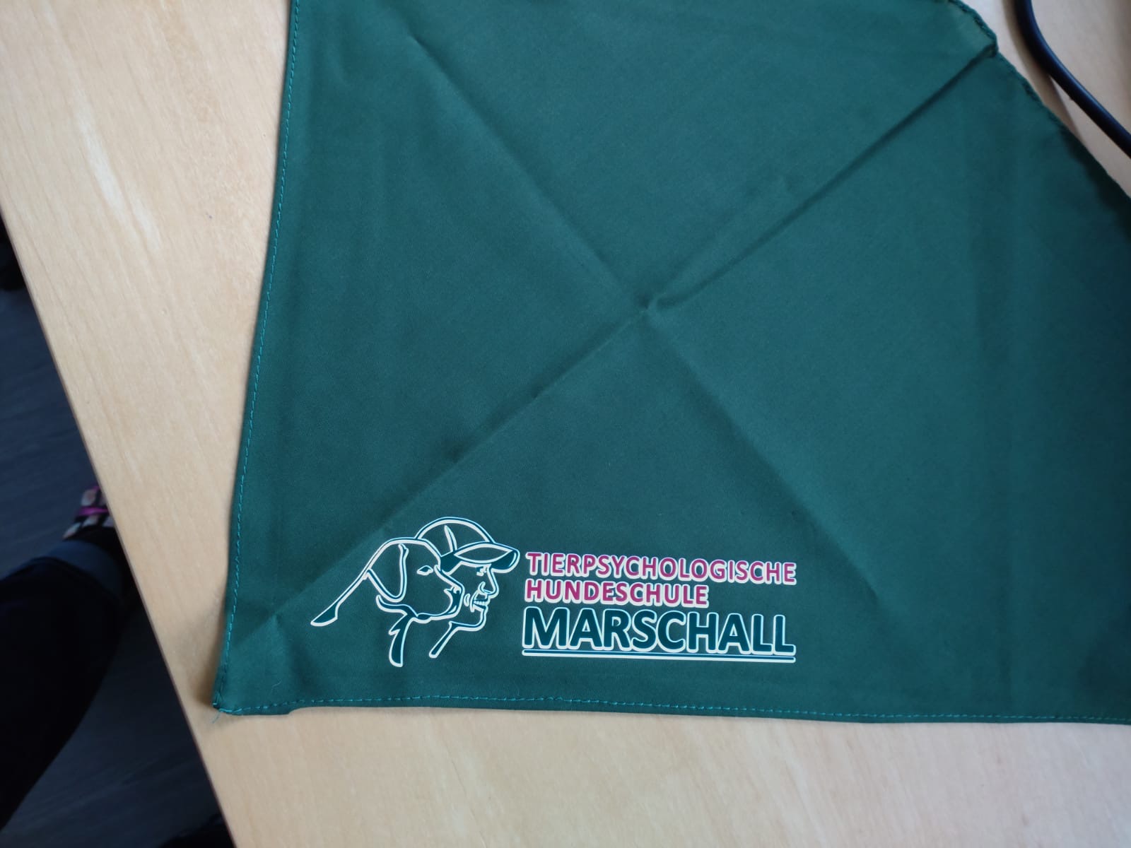 Hundeschule Marschall – Logodruck auf einem grünen Hundehalstuch im Detail