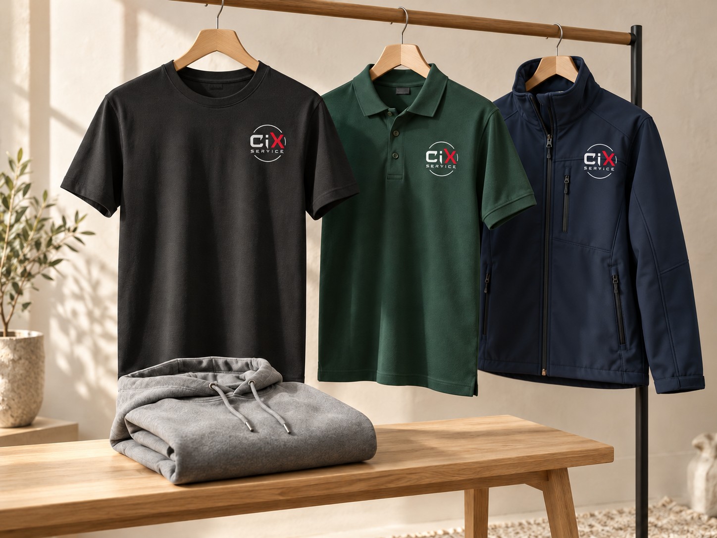 Gestaltungsvorschau mit Cix-Logo links auf der Brust von T-Shirt, Poloshirt und Jacke sowie einem Hoodie